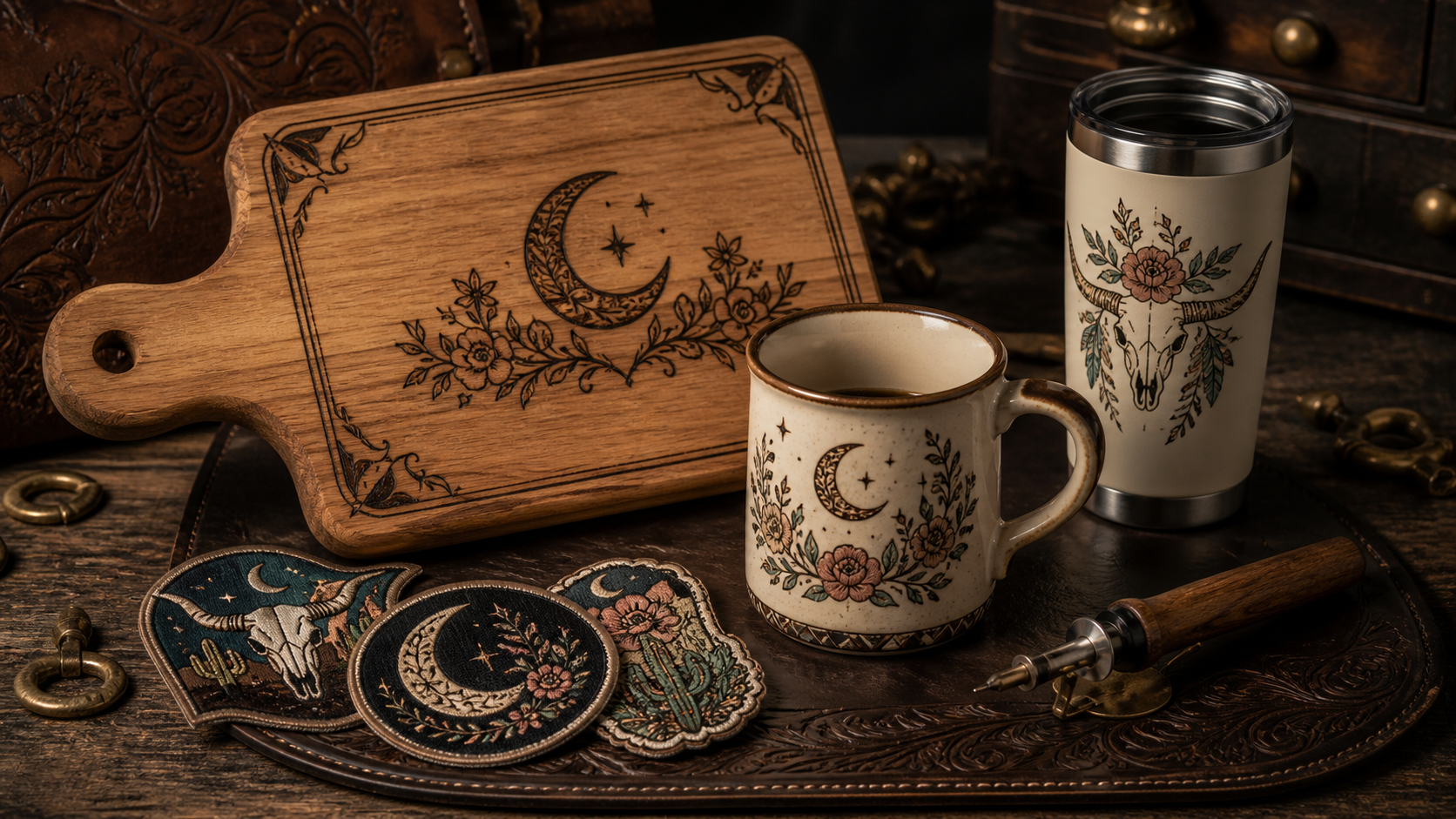 A styled handmade western range with a burned chopping board, mug, tumbler and patches